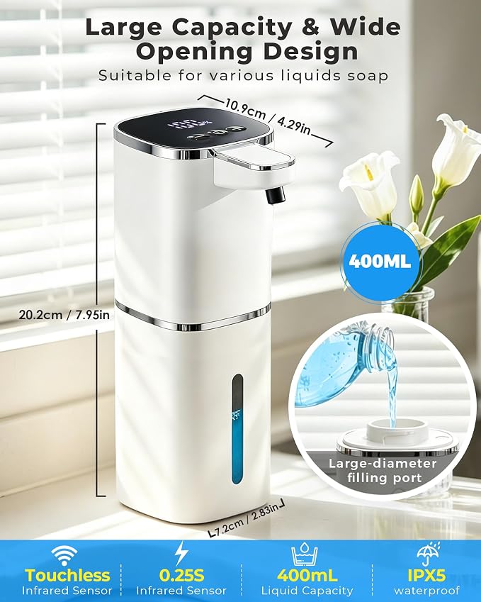 Automatic Soap Dispenser Touchless,USB Rechargeable, 9-Level Adjustable | 13.5oz/400mL, IPX5 Waterproof, Wall/Tabletop, Compatible with Thick Thin Dish Soap for Kitchen Bathroom, White