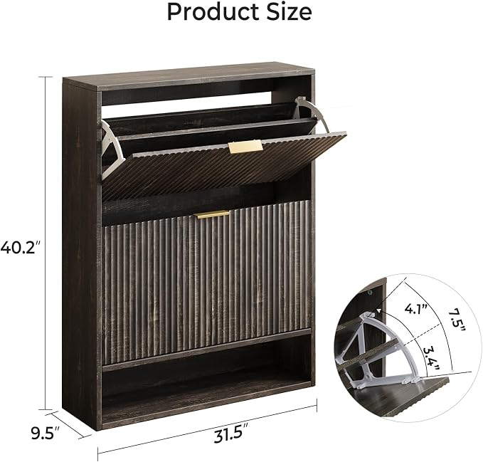 Hootata 31.5''W Black Shoe Storage Cabinet for Entryway with 2 Flip Drawers, Fluted Slim Shoe Cabinet, Free Standing Wooden Shoes Organizer for Foyer, Hallway