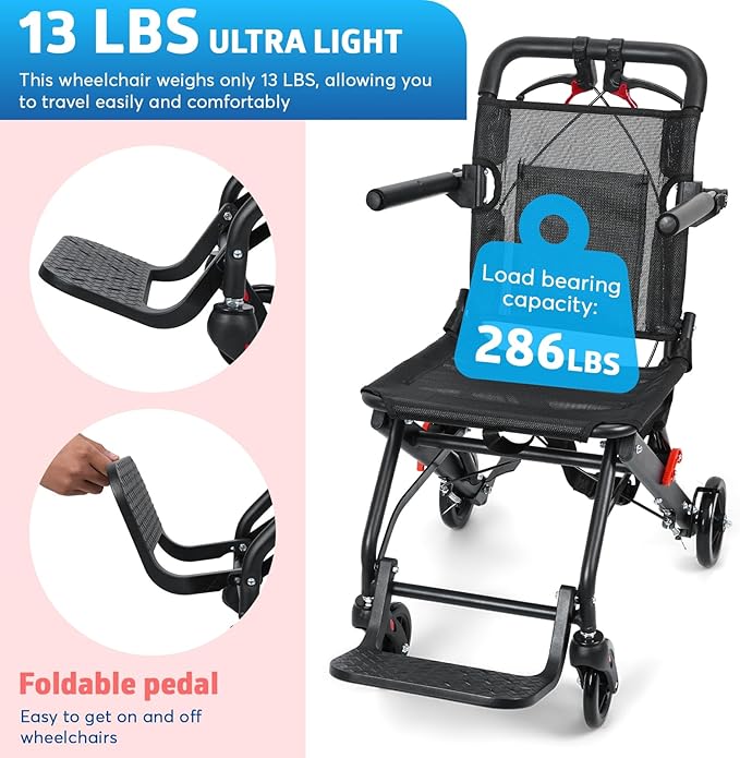 cdar Lightweight Transport Wheelchair, Aluminum Alloy Foldable Wheelchairs for Adults, Portable Transportation Travel Wheelchairs, Outdoor Collapsible Wheelchair with Storage Bag, Bearing 286lbs Black