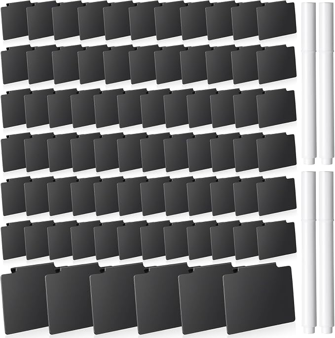 Chinco 80 Pcs Basket Label Clips Set Include 76 Removable Kitchen Clip Label Holder PVC Storage Bin with 4 Chalk Markers for Basket Kitchen Pantry Organization (Black Clip, White Pen)