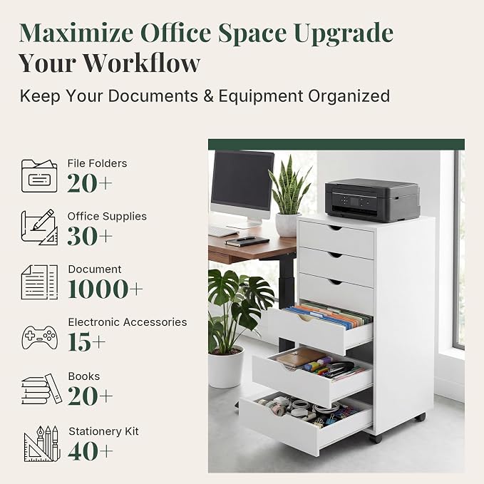 Mobile File Cabinet Under Desk, 7 Drawer Storage Organization with Wheels, Vertical Filing Chest Rolling Wood Small Desk Printer Stand for Home Office, 15.75" D x 18.74" W x 34.25" H