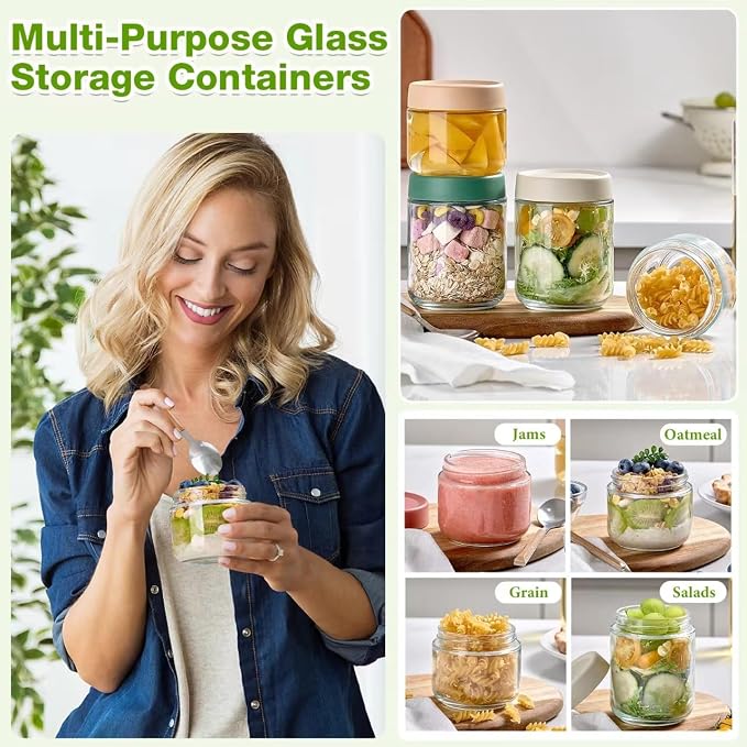Qipecedm® 8 Pack Overnight Oats Containers with Lids, Large & Small Glass Mason Jars 16oz & 10 oz, Breakfast Oatmeal Container to Go, Salad Meal Prep Jars for Food Storage, Mush Chia Seed Pudding Jars