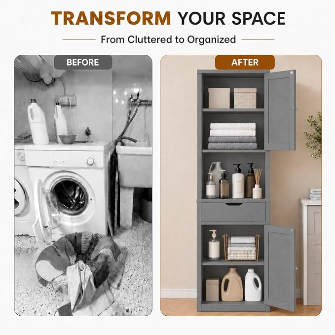 Walsunny Tall Bathroom Storage Cabinet with Freestanding Adjustable Shelves, Narrow Storage Linen Cabinet with 2 Doors and 1 Drawer for Bathroom, Living Room, Kitchen, Gray