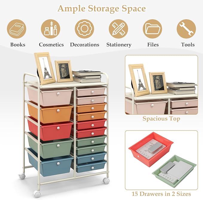DREAMADE Rolling Cart with 15 Drawers, Rolling Drawer Organizer Cart w/Lockable Wheels, Removable & 2-Sized Storage Drawers, Art Cart for School Home Art Supplies Crafts File Scrapbook