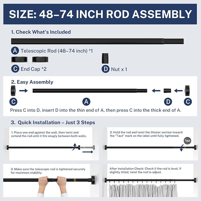 Heavy Duty Tension Shower Curtain Rod 48-74 Inch Black | Rustproof Steel, Drill-Free Mount, Adjustable Rods for Bathroom Sliding Door Patio Living Room, Non-Slip No-Tools Install