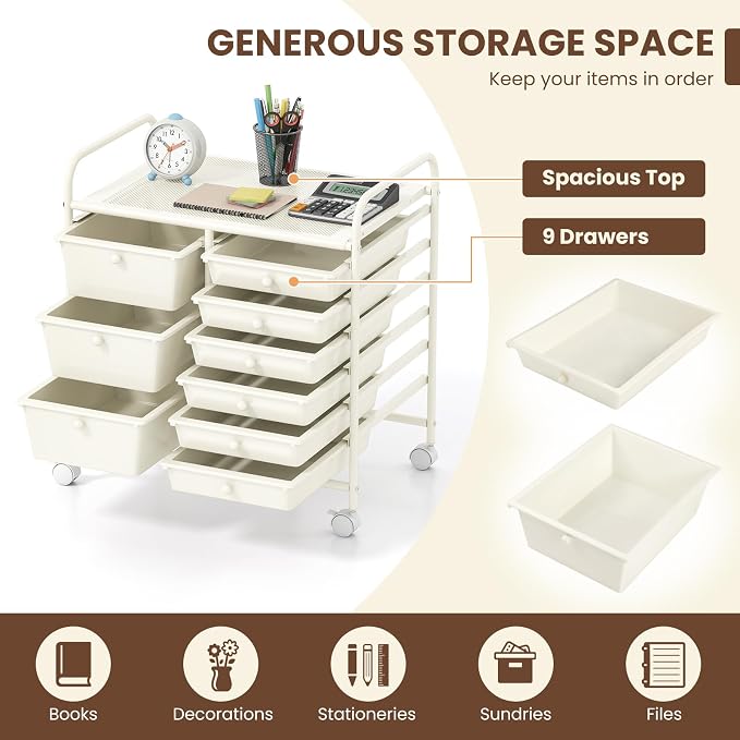 COSTWAY Rolling Storage Cart with 9 Drawer, Utility Cart with Metal Frame | Mobile Art Supply Craft Organizer, Multipurpose Storage Organizer for Paper, Office, School Teacher, Classroom, White