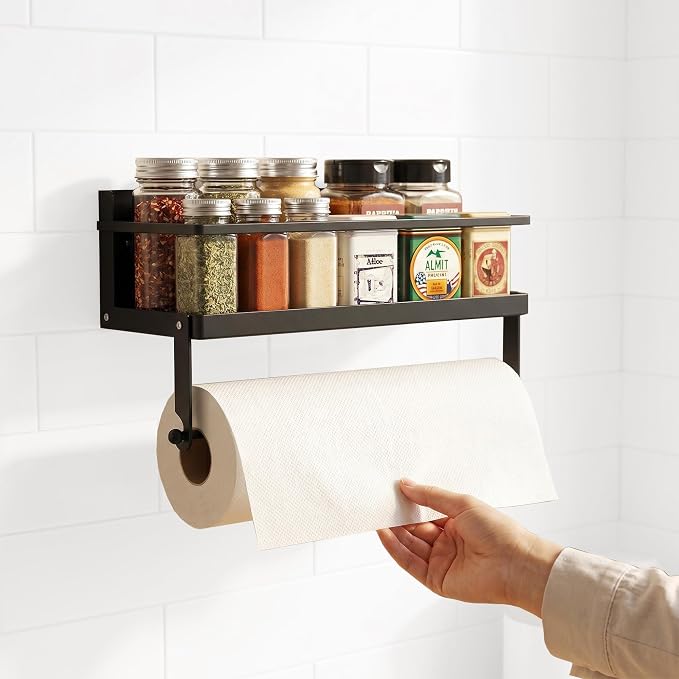 Magnetic Spice Rack Organizer for Refrigerator, 1 Pack, Paper Towel Holder Magnetic with Hooks, Multi Use Kitchen Shelf, 12.8"x4.3"x6.3", Black