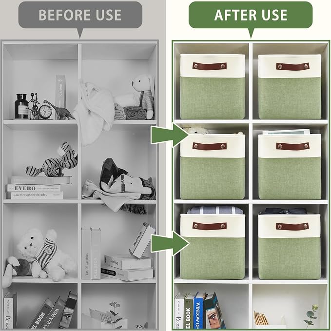 Patvingot Fabric Storage Cubes 11", 4 Pack, with PU Pull Handles,Foldable | For accessories on cube shelves or in closets; reinforced opening, pull-out access, folds flat when empty,white and green