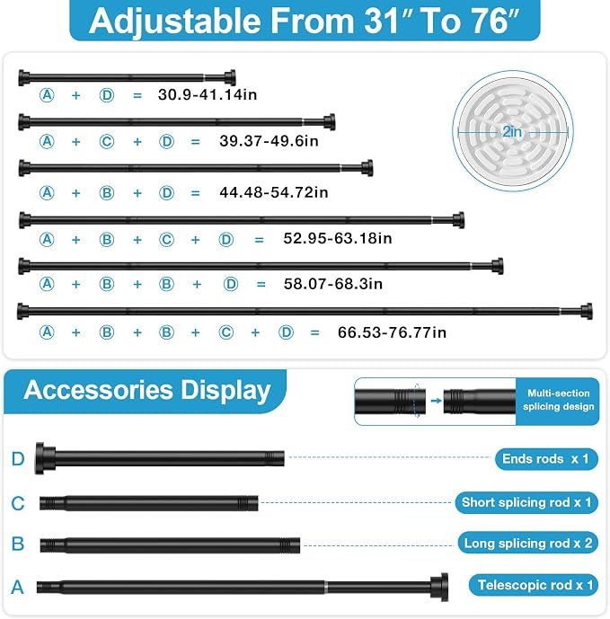 2Pack Tension Curtain Rod 31 to 75 Inch Spring Tension Rods for Windows Black Adjustable Curtain Rod No Drilling Expandable Pressure Curtain Rod Shower Rods for Closets,Bathroom,Kitchen,Doorway