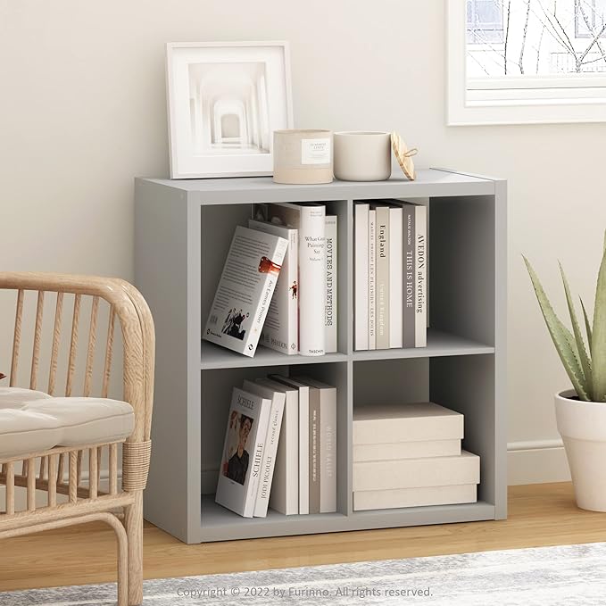 Furinno Cubicle Open Back Decorative Cube Storage Organizer, 4-Cube, Light Grey | 14.6" x 30" x 30", Reversible Bookcase with Open Back, for Living Room, Bedroom, Home Office