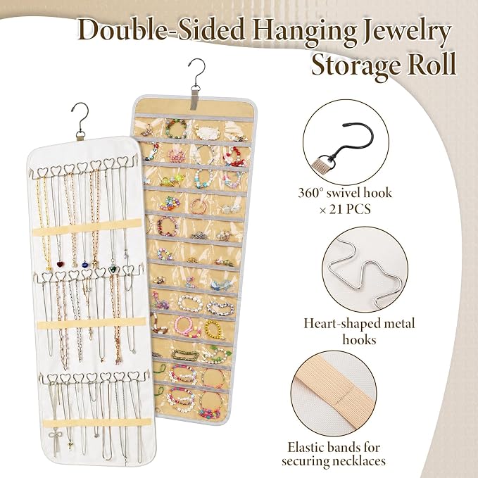 2 Pack Hanging Jewelry Organizer Storage with 48 Pockets and Hooks Dual-Sided Hanging Jewelry Organizers and Storage Hang on Closet, Wall, Door for Earrings, Necklaces, Rings,Beige