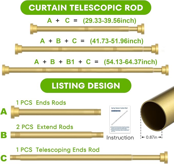 Tension Curtain Rod 30-64 Inch Curtain Rods No Drilling Gold Tension Spring Rod Adjustable Curtain Rod Expandable Shower Pressure Tension for Windows Closet Doorway