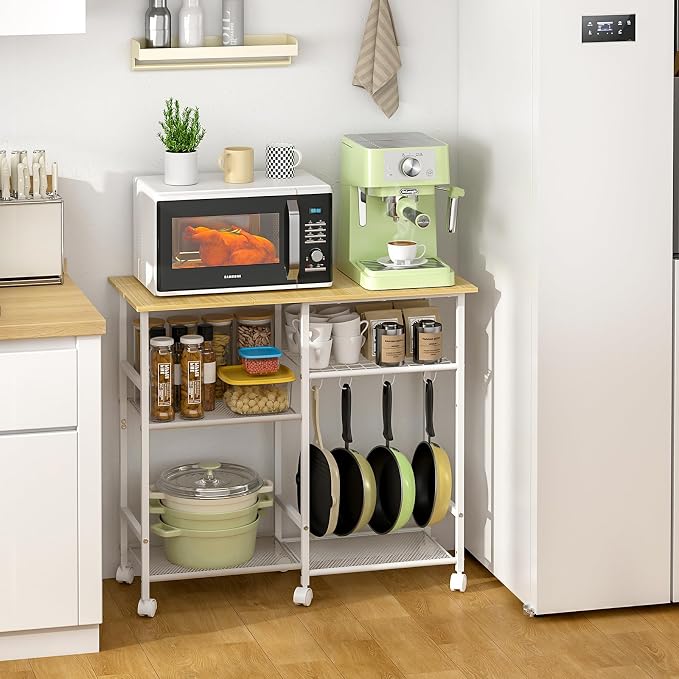 ThreeHio Rolling Kitchen Microwave Cart, 3-Tier Microwave Stand with Adjustable Shelf, Kitchen Storage Island on Lockable Wheels, Coffee Bar Baker's Rack Cart for Living Room, Office, Balcony, White