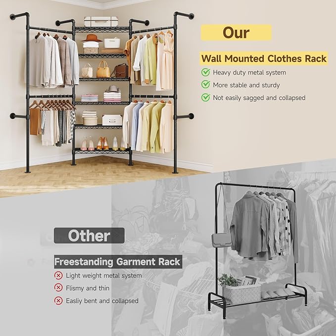 L3 Wall Mounted Metal Pipe Closet System Heavy Duty Corner Garment Rack | Max Load 950LBS with 4 Telescopic Rods & 6 Wire Shelves Black Industrial Modular Clothing Clothes Rack Wardrobe Closet