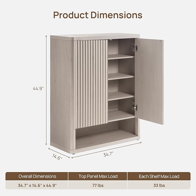 SICOTAS Shoe Cabinet 44 inch Tall Fluted Shoe Cabinet with Doors & 4 Shelves Wooden Large Hidden Shoe Storage Organizer Modern Free Standing 6-Tier Cabinet for Entryway Living Room Closet