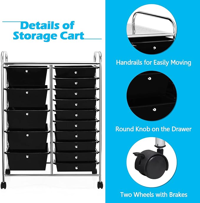 Moccha 15-Drawer Rolling Storage Cart - Under Desk Storage Drawers with wheels for Craft Art Supply Paper Salon, Scrapbook Paper Tools, Mobile Utility Cart for Classroom (15 Drawers, Black)