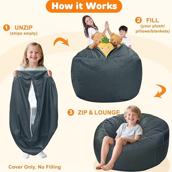 Lukeight Stuffed Animals Storage Bean Bag Chair Cover Only (Ships Empty, No Filling) - Velvet YKK Zipper Beanbag Cover for Big Kids and Teens, Washable Plush Toy Organizer, XX-Large 36" D x 20" H