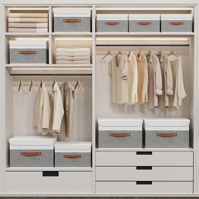 Yawinhe Storage Boxes with Lids, Linen Fabric Bin, Cube Organizer Basket, Washable and Leather Handle, for Home, Closet, White/Grey, 15.0''Lx9.8''Wx9.8''H, 3-Pack, USNK024WGL-3