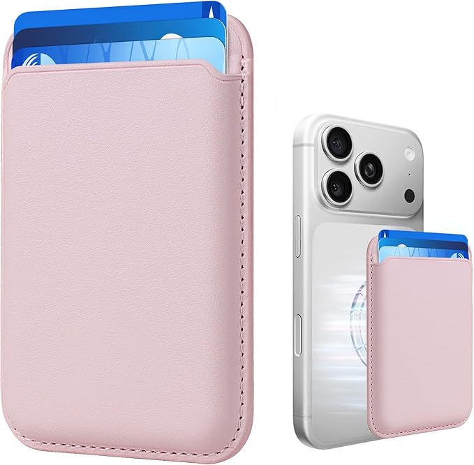 Magnetic Wallet Phone Card Holder for Phone Case with Mag-Safe, Stronger Magnetic RFID Leather Phone Wallet Stick on Series of iPhone 17/16/15/14/13/12 and Pro/Promax, Blush Pink