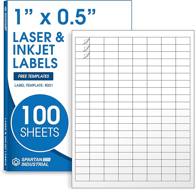 1" X 0.5" Matte White Printable Barcode Labels (100 Sheets, 16000 Stickers) UPC Labels and Price Tags for Laser & Inkjet Printers - Spartan Industrial Template R001