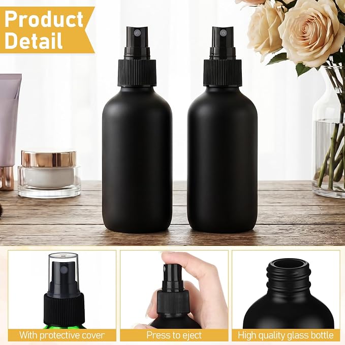 Maxcheck 50 Pieces 4oz Glass Spray Bottles for Essential Oil Small Empty Spray Mist Bottle Empty Fine Mist and Refillable Mister Refillable Liquid Containers for Perfumes, Cleaning(Black)