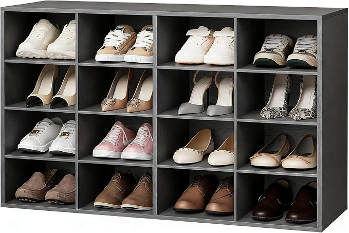 Garden 4 you Shoe Storage Bench, Cubby Shoe Rack with 16 Cubbies, 4-Tier Wood Shoe Rack Organizer, Shoe Organizer Cabinet for Entryway, Hallway, Closet and Garage, Black