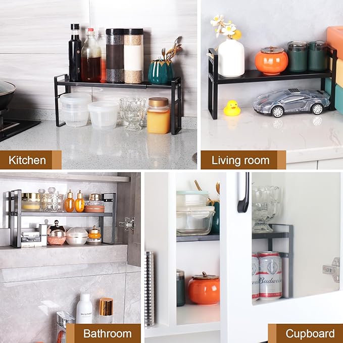Expandable Narrow Medicine Cabinet Organizer Shelves Wide 3.58”,Metal Counter Storage Shelf Stand with Adjustable Layer and Non-Slip Pads for Cabinet,Kitchen,Pantry Small Space-Black