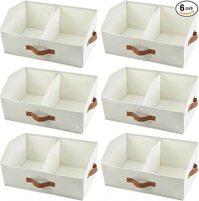 Closet Organizers And Storage - UPGRADED Trapezoid Storage Bin With Leather Handles & Adjustable Dividers, Fabric Collapsible Storage Bins For Clothes Storage & Shelf Organizer (6pcs, Small, Ivory)