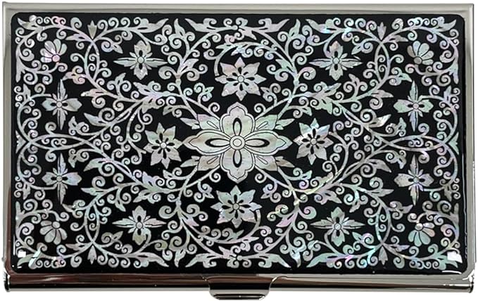 Mother of Pearl Business Card Case Credit Id Name Holder Travel Wallet Art Painting Design Metal Stainless Steel Engraved Slim Purse Pocket Cash Money Wallet (Arabesque)