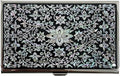 Mother of Pearl Business Card Case Credit Id Name Holder Travel Wallet Art Painting Design Metal Stainless Steel Engraved Slim Purse Pocket Cash Money Wallet (Arabesque)