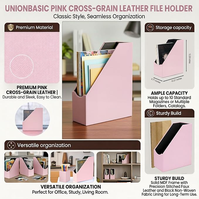 UnionBasic Magazine File Holder, Leatherette Desktop Document Organizer, Home Office Paper Holder File Storage Literature Sorter, Pink