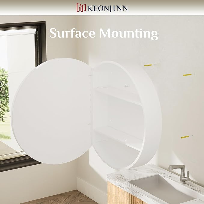 Keonjinn 20 Inch Round Medicine Cabinet with Mirror, White Surface Mount Only Mirror Medicine Cabinet, Modern Medicine Cabinets with Mirror, Metal Framed Bathroom Vanity Mirror with Storage