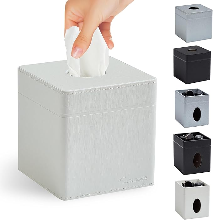 Tissue Box Holder Cover, Modern PU Leather Square Decorative Tissue Holder Organizer-Woven New Off White
