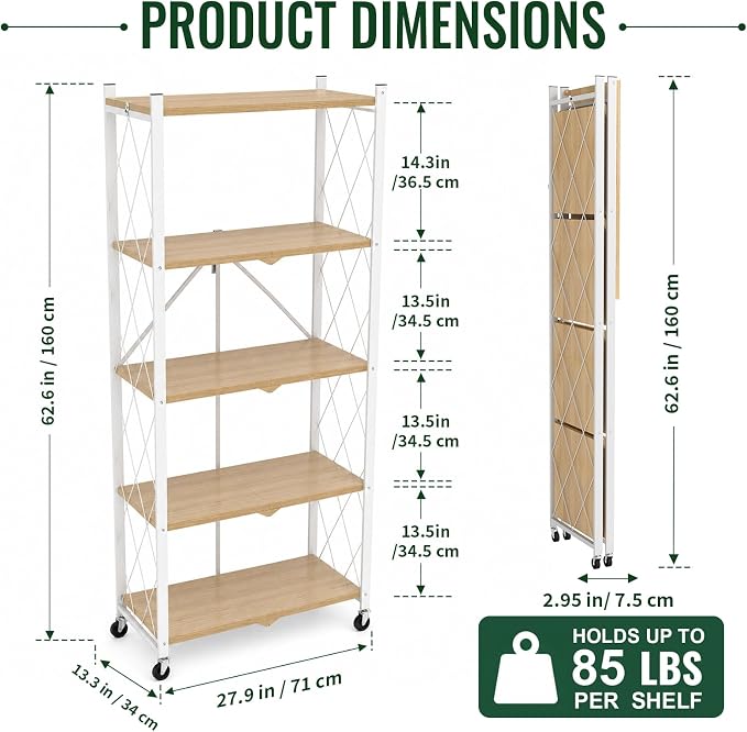 black leopard 5-Tier Foldable Shelf with Wheels, Wood-Grain Steel Shelves | Pre-assembled frame unfolds in seconds with tool-free wheel setup for fast, convenient use