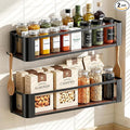 Wall Mounted Spice Rack, Black, 2 Pack | 2 Hooks Included, Screw or Adhesive Installation, For Stove Cabinet Pantry Door, Kitchen and RV Use