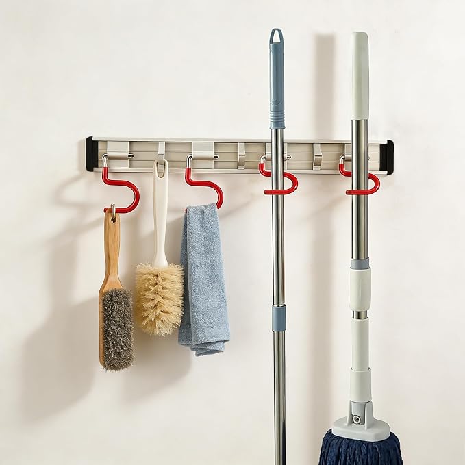 Wall Mounted Mop and Broom Holder Stainless Steel S Type Broom Rack Anti-Slip Mop Organizer (17 Inches,4 Positions 3 Hooks, Red White)