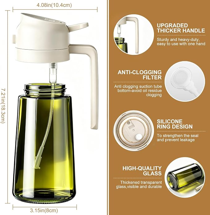 Poshetion 2 in 1 Olive Oil Sprayer for Cooking, 16oz Light-Proof Oil Dispenser for Kitchen, Leak-Proof Oil Spray Bottle for Air Fryer, Salad, BBQ, Baking, Grilling - White