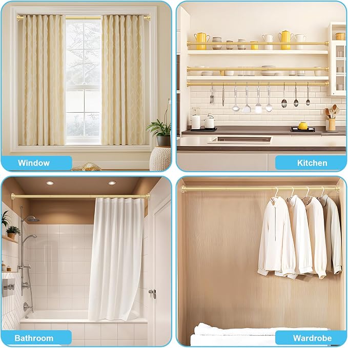 Tension Curtain Rod 30 To 49 Inch Gold Tension Rods Adjustable Spring Loaded Curtain Rods 7/8" Curtains Rods No Drilling Tension Rods For Windows Bedroom Closet Doorway Door 2pcs