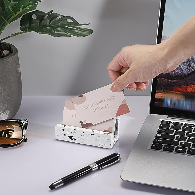 Hipiwe Terrazzo Business Card Holder for Desk, Business Gift for Women Men | Desktop Business Card Display Stand Concrete Name Cards Organizer for Office Exhibition Meeting Room Card Display