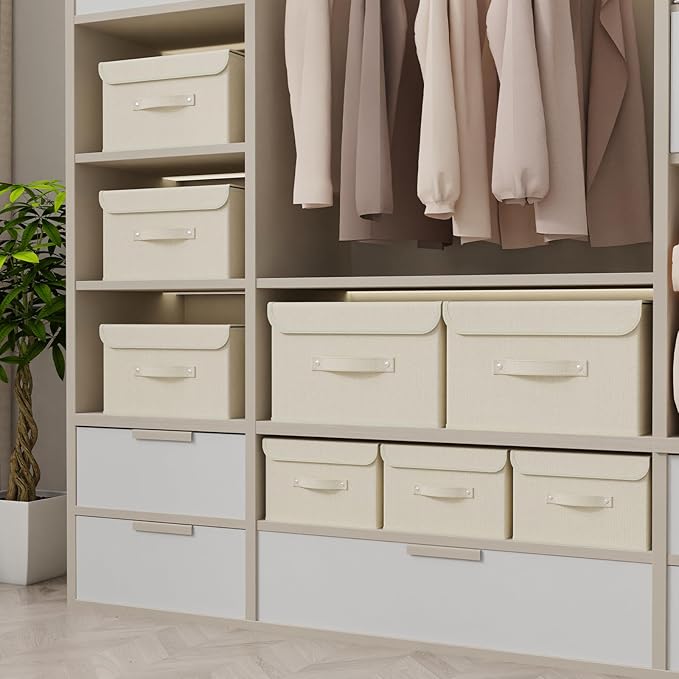 Fabric Storage Bins Cube Organizers with Flip-Top Lid and Handles,Storage Boxes for Organizing Home,Office,and Closet,Beige,3 Pack 10.2 X 7.9 X 6.7 in