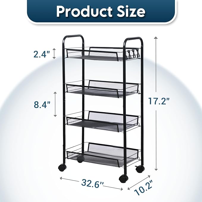 LOFTEY 4 Tier Rolling Cart, Small Metal Utility Cart with Wheels, Black | 10.2" Slim Width, Four Mesh Baskets, 15 lb Load Capacity per Basket, Tool-Free Assembly, Ideal for Bathroom & Snack Storage