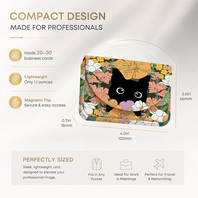 Business Card Holder，PU Leather Business Card Case for Purse，Pocket Travel Name Card Case Holder Wallet for Men Gift，Portable Magnetic Business Card Carrier Black Cat Floral