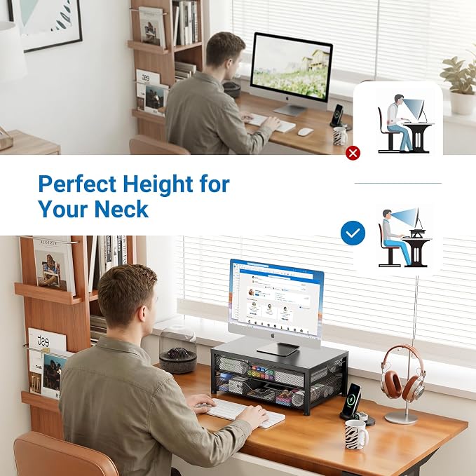 OPNICE Computer Monitor Stand Riser, Desk Organizer with Drawer, Printer & Laptop Stand, Office Desk Accessories & Workspace Desktop Organizers Storage for Office Supplies(Black with 2 drawers)