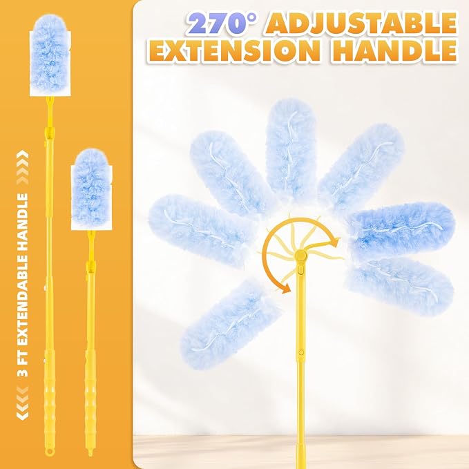 60 PCS Duster Refills for Swiffer Duster, 360 Heavy Duty Duster Refills with 3 FT Extended Handle and Short Handle, Disposable Dusters for Cleaning Ceiling Fan, Blinds, Vent, Furniture