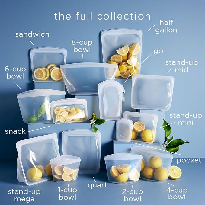 Stasher Silicone Reusable Storage Bags,Reusable Freezer Bags,Microwave,Dishwasher,Oven Safe,Sous Vide,Premium Lunch Containers,Eco Friendly,Food Storage Bag,Snack-Bags,Clear,(Pack of 8)