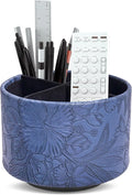 Round Leather Art Supply Organizer,Remote Control Holder,360 Degree Spinning,Multi-Functional Pencil Holder,4 Compartments Desktop Stationary Organizer(1-Carved Blue)
