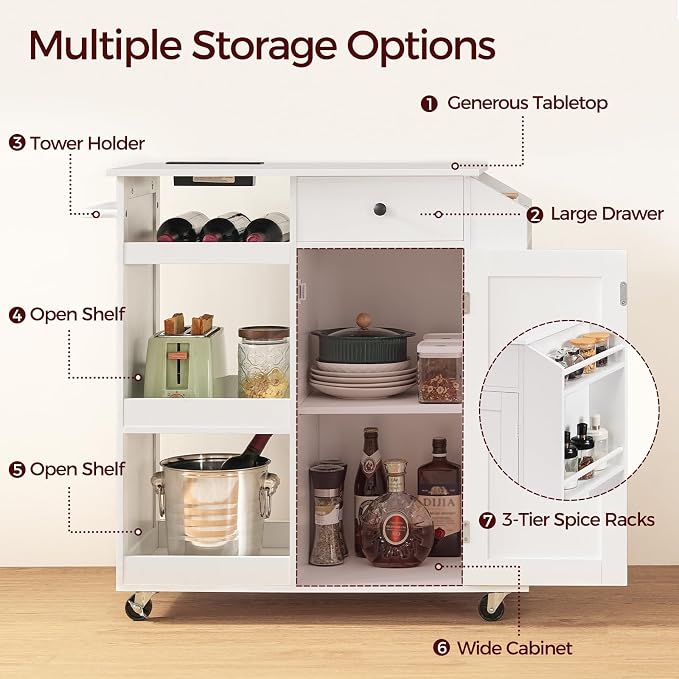 MAHANCRIS Kitchen Island with Power Outlet, Kitchen Storage Island with Drawer, Rolling Kitchen Cart on Wheels, Spice Rack, Towel Rack, Wine Rack, for Dining Room, White KIWT122E01