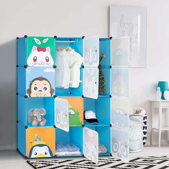 12 Cubes Storage Organizer,Portable Closet Wardrobe,Plastic Clothes Storage Shelves,Modular Bookcase Closet Cabinet,with Doors,for Kitchen, Bedroom, Playroom, Living Room, Office, Dorm (Blue)