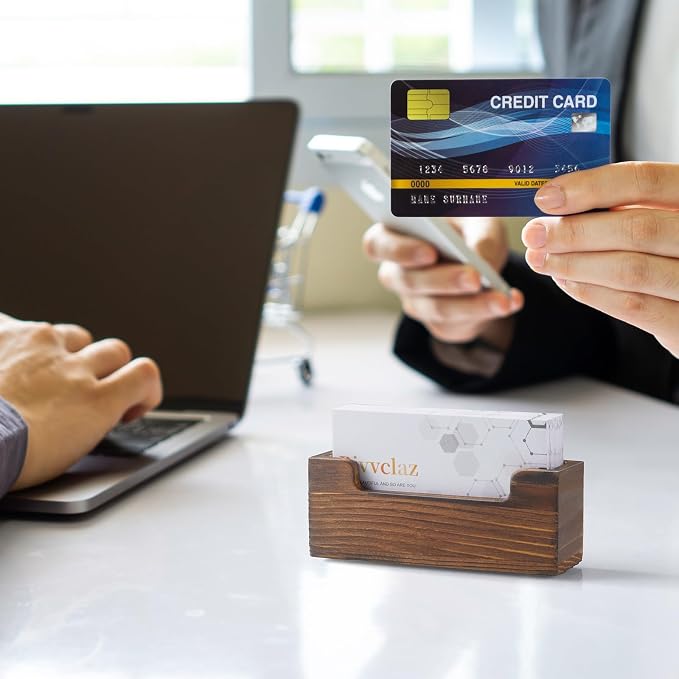 Bivvclaz Business Card Holder Desk, Burnt Wood Business Card Organizer Desktop Business Card Display Stand for Office Tabletop Exhibition, Small Business Essentials