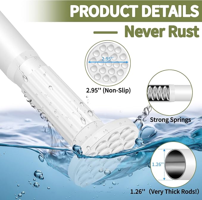 White Shower Curtain Rod 51-86 Inch, Adjustable Tension Rod No Drilling for Window or Bathroom Closet, Outdoor Curtain Rod for Patio, Easy to Install, Never Rust, Rod Diameter 1.26 Inches-White